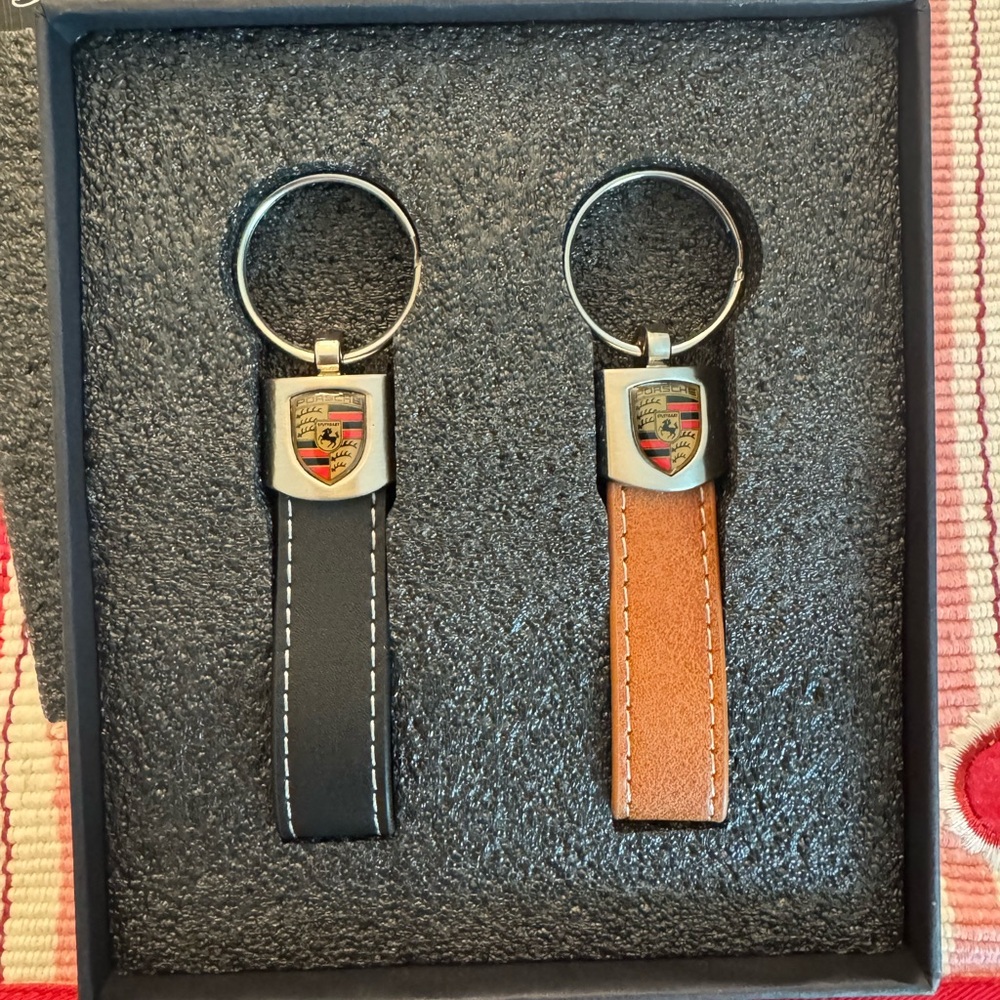 Porsche Black and Brown Leather Keychain Set, New in Box - Picture 2 of 4